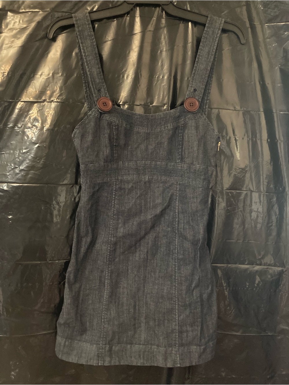 American Rag Dark Gray/Blue Denim Pinafore Mini Dress with Button Straps